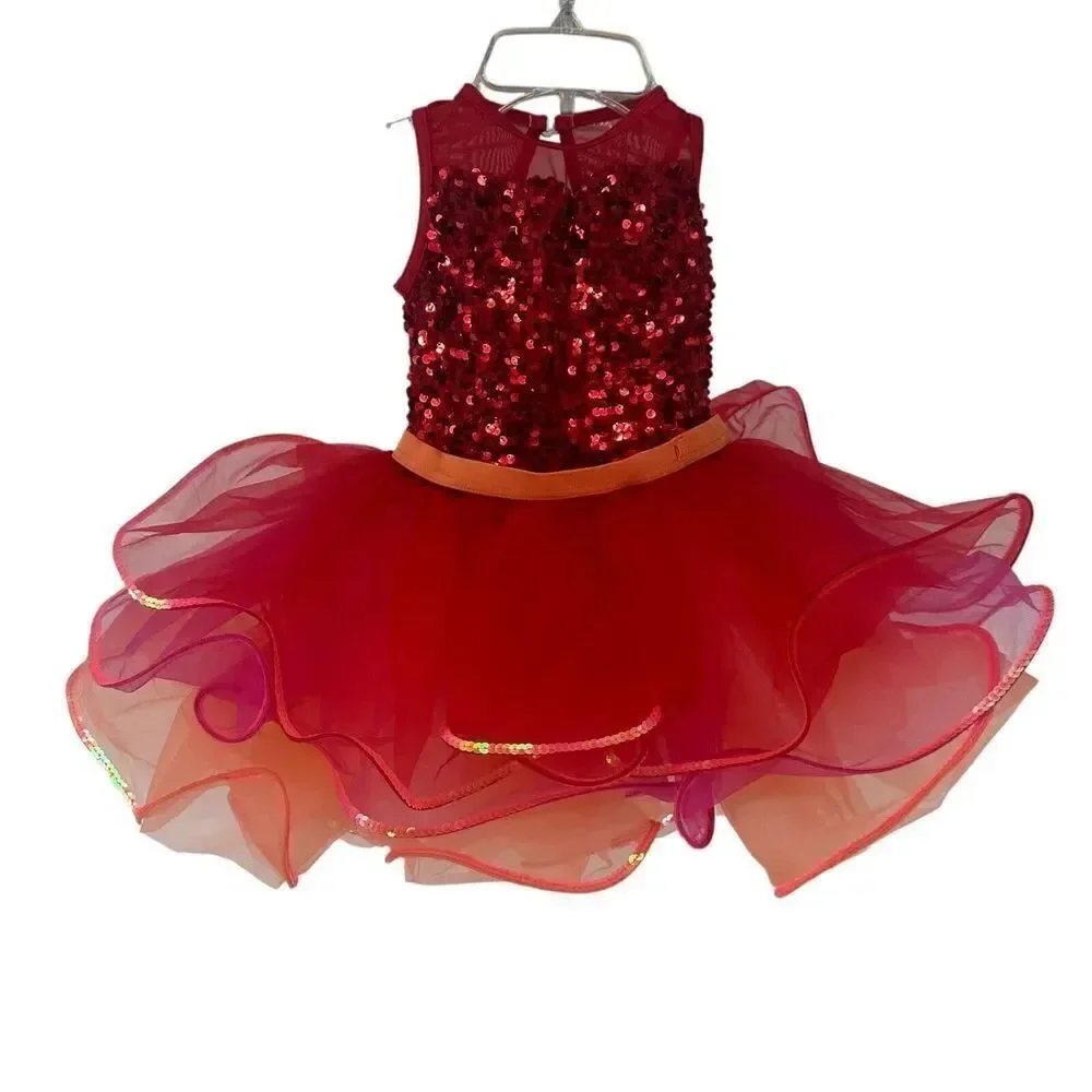 Weissman Ballet Dress Size XSC Tutu Red Sequin Pink Orange Style 14218 Dance